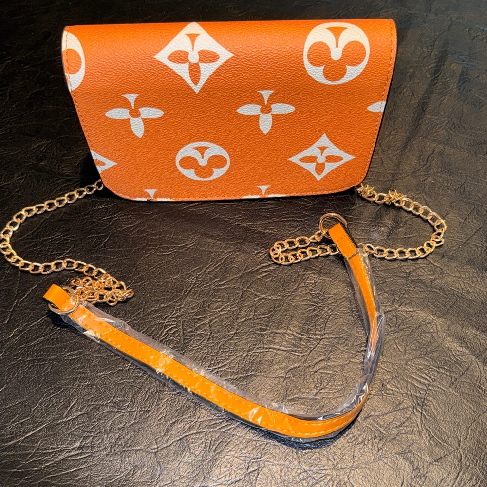 Orange Monogram Crossbody Shoulder Bag with Gold Chain, NWOT - Picture 4 of 8